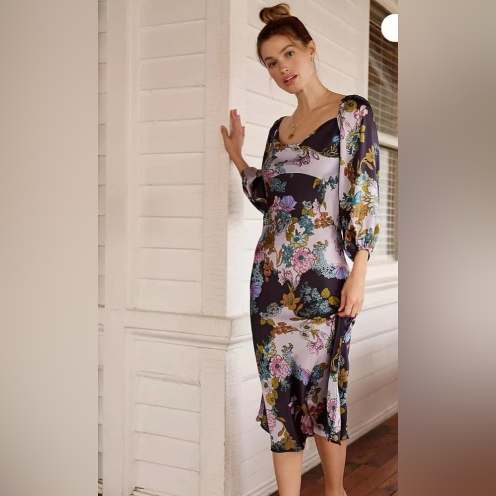 Anthropologie Black and Purple Sheath Dress with Sweetheart Sleeves